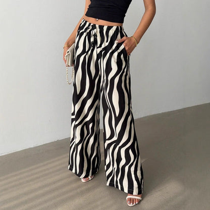 Zebra Print Wide-Leg Trousers with High Waist and Drawstring