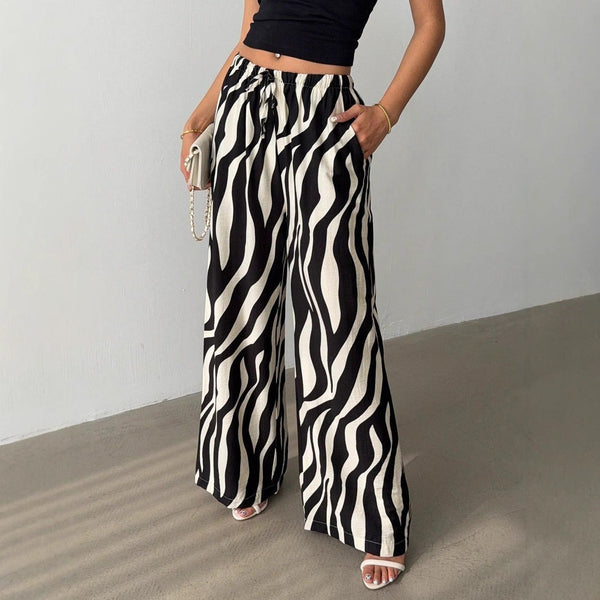 Zebra Print Wide-Leg Trousers with High Waist and Drawstring