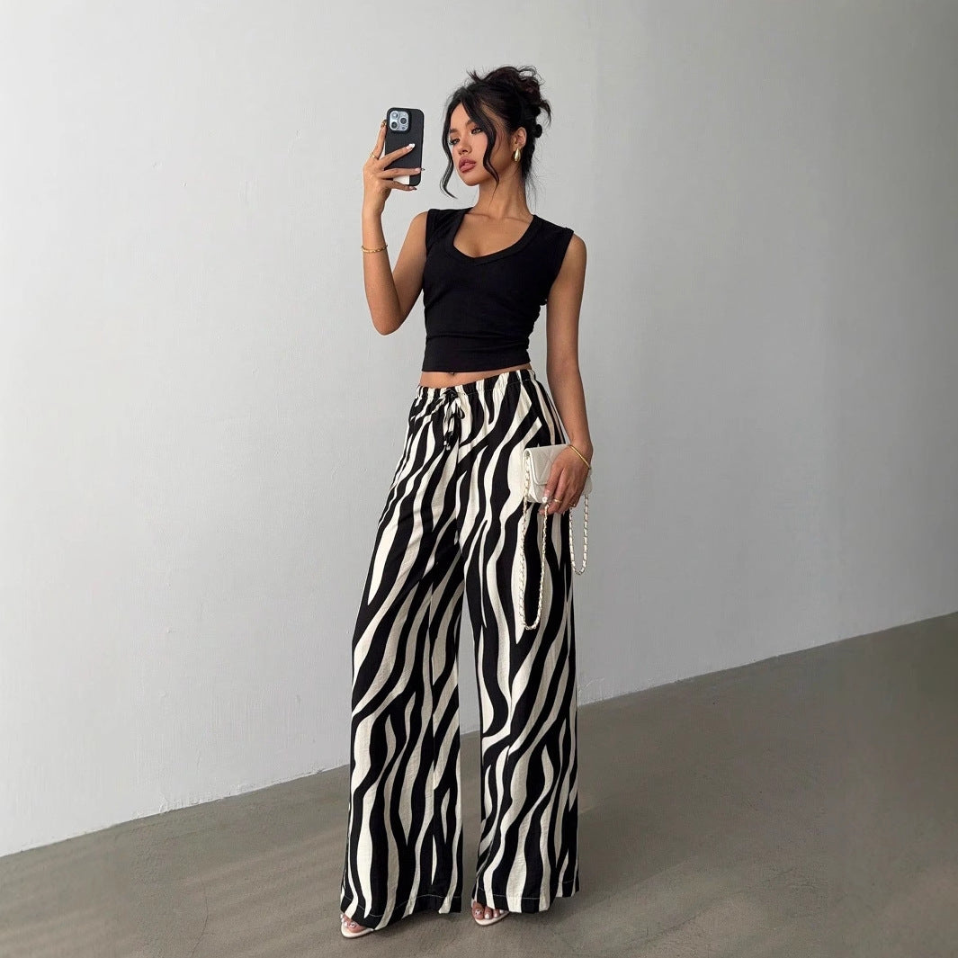 Zebra Print Wide-Leg Trousers with High Waist and Drawstring
