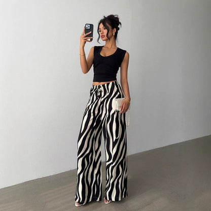 Zebra Print Wide-Leg Trousers with High Waist and Drawstring