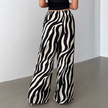 Zebra Print Wide-Leg Trousers with High Waist and Drawstring