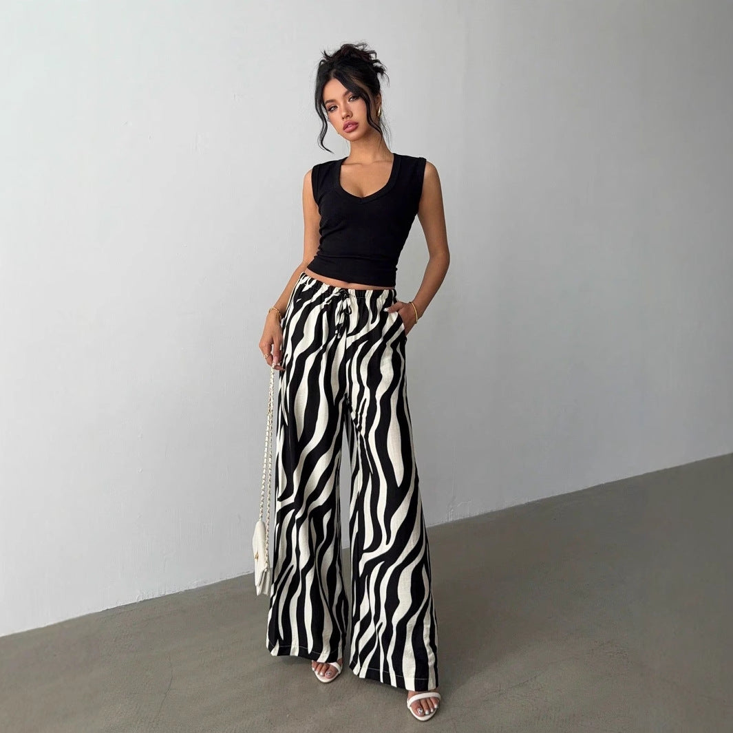 Zebra Print Wide-Leg Trousers with High Waist and Drawstring