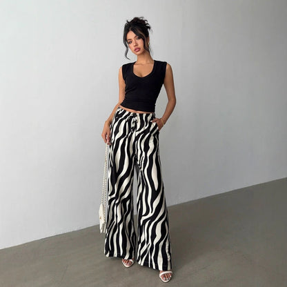 Zebra Print Wide-Leg Trousers with High Waist and Drawstring