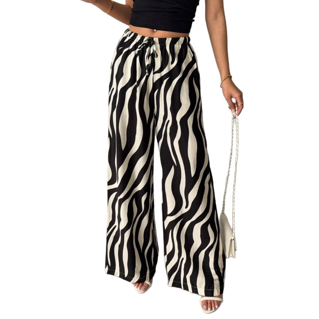 Zebra Print Wide-Leg Trousers with High Waist and Drawstring