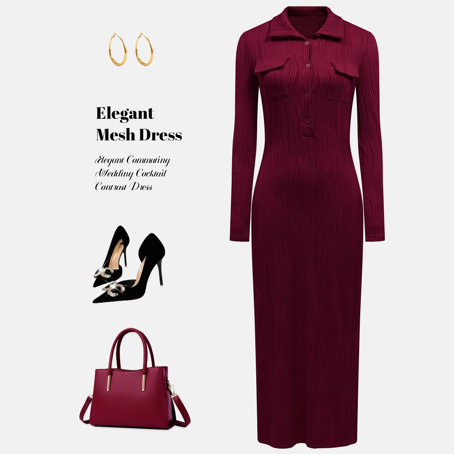 Textured Bodycon Maxi Dress with Polo Collar and Pockets
