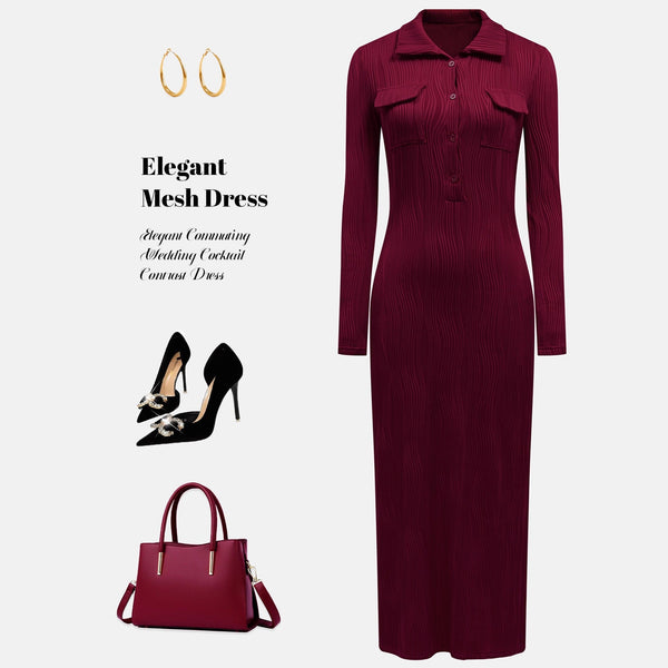 Textured Bodycon Maxi Dress with Polo Collar and Pockets