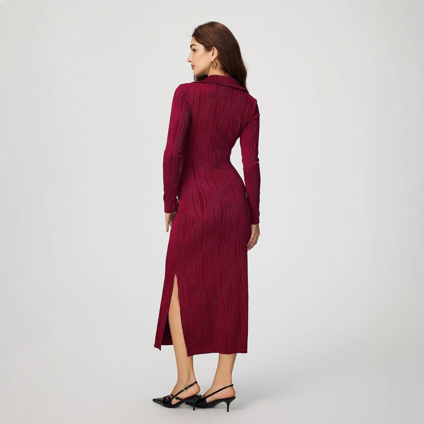 Textured Bodycon Maxi Dress with Polo Collar and Pockets