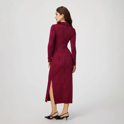 Textured Bodycon Maxi Dress with Polo Collar and Pockets