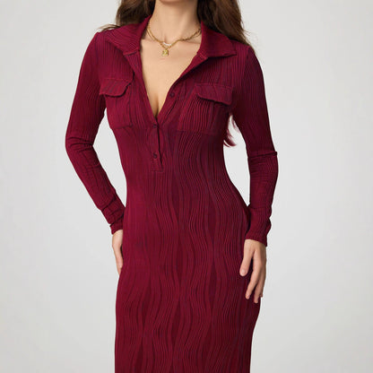 Textured Bodycon Maxi Dress with Polo Collar and Pockets