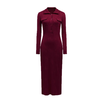 Textured Bodycon Maxi Dress with Polo Collar and Pockets