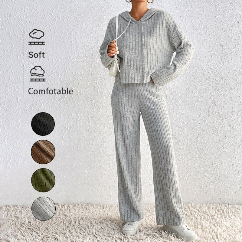 Ribbed Knit Two-Piece Set with Hooded Top and Wide-Leg Trousers