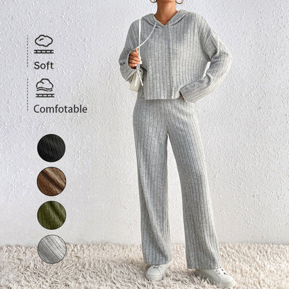 Ribbed Knit Two-Piece Set with Hooded Top and Wide-Leg Trousers