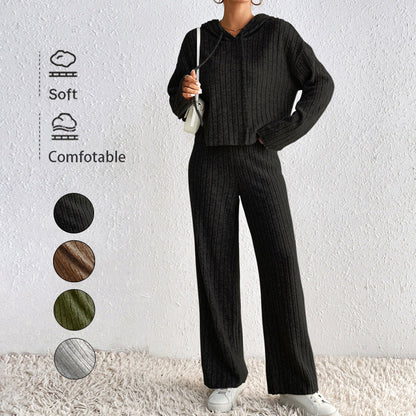 Ribbed Knit Two-Piece Set with Hooded Top and Wide-Leg Trousers