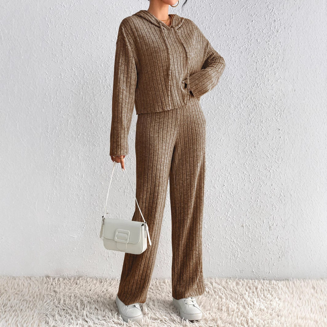 Ribbed Knit Two-Piece Set with Hooded Top and Wide-Leg Trousers