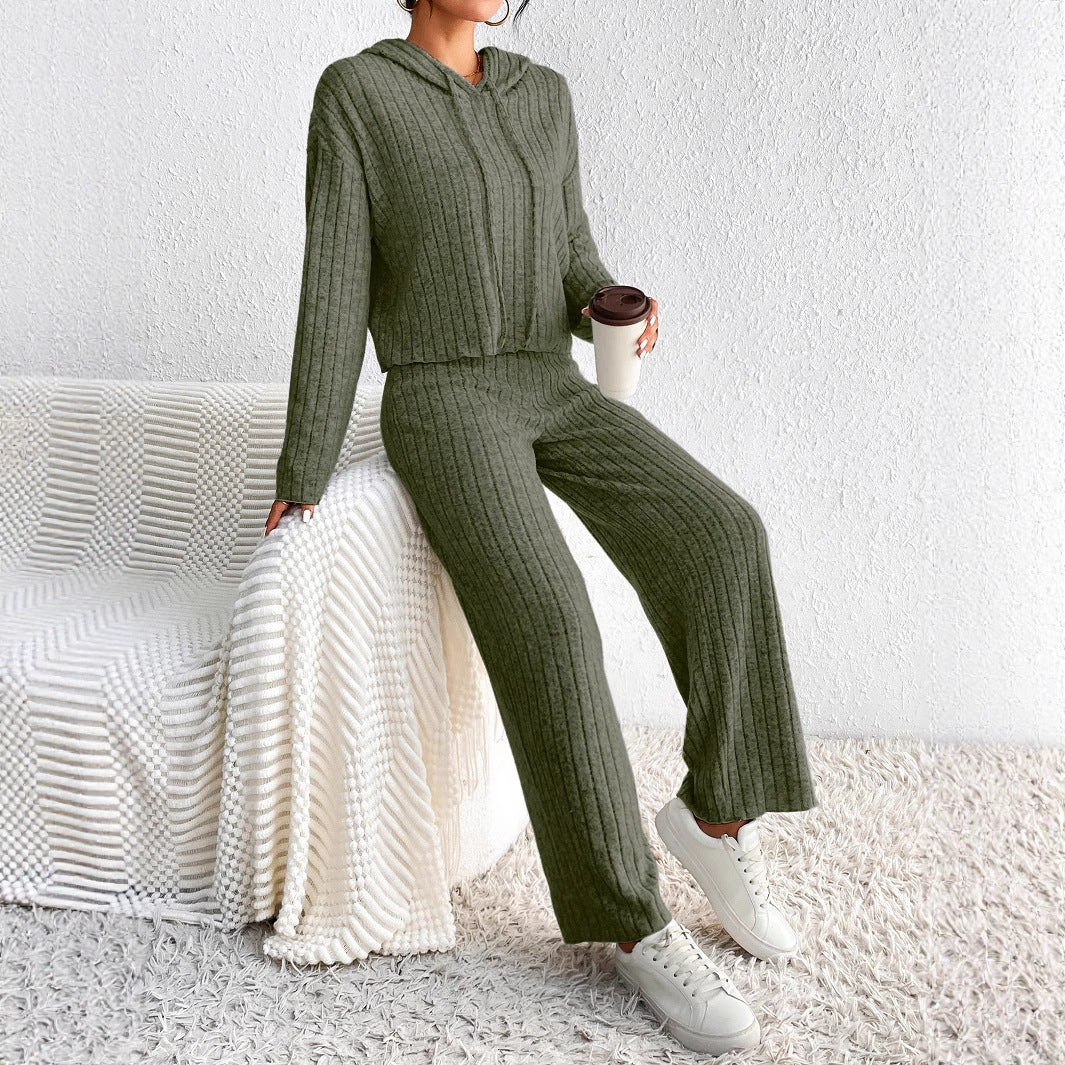 Ribbed Knit Two-Piece Set with Hooded Top and Wide-Leg Trousers