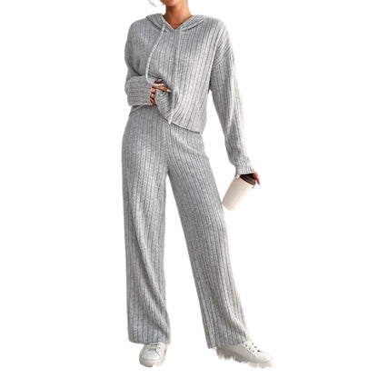 Ribbed Knit Two-Piece Set with Hooded Top and Wide-Leg Trousers
