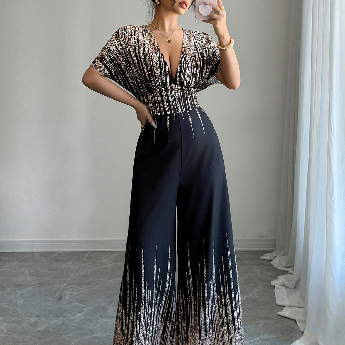 Wide-Leg Jumpsuit with Deep V-Neck and Metallic Streak Print