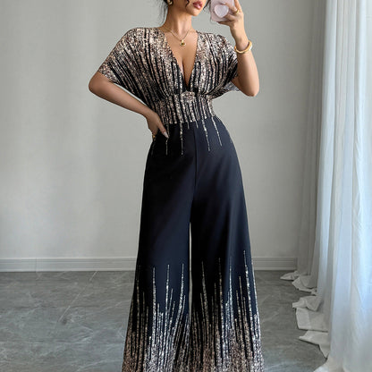 Wide-Leg Jumpsuit with Deep V-Neck and Metallic Streak Print