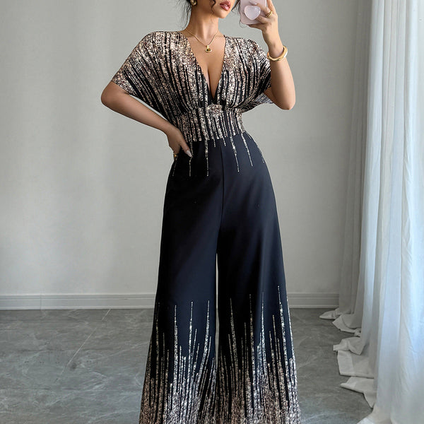 Wide-Leg Jumpsuit with Deep V-Neck and Metallic Streak Print