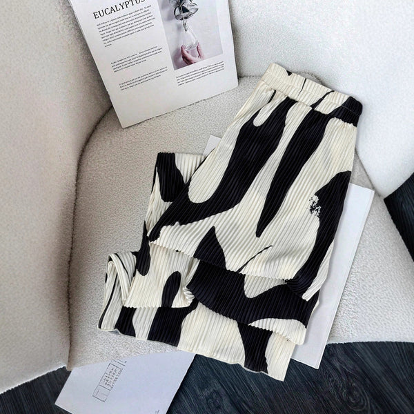 High-Waisted Plissé Wide-Leg Trousers with Abstract Print