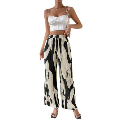 High-Waisted Plissé Wide-Leg Trousers with Abstract Print