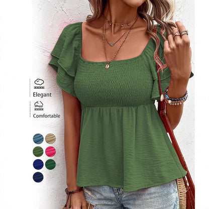 Smocked Peplum Top with Square Neck and Flutter Sleeves