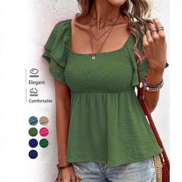 Smocked Peplum Top with Square Neck and Flutter Sleeves