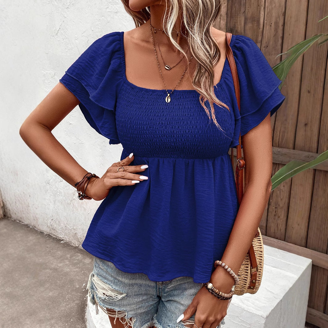 Smocked Peplum Top with Square Neck and Flutter Sleeves
