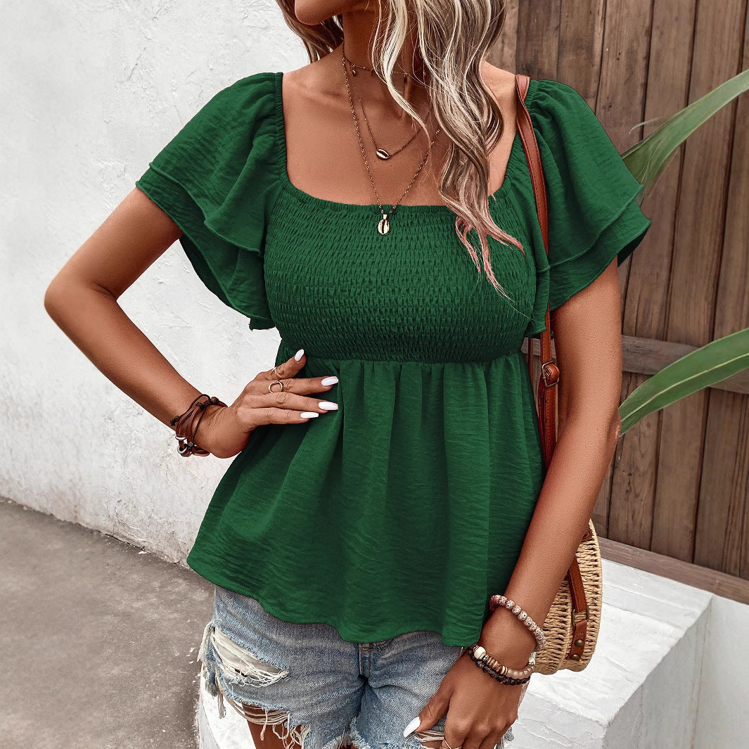 Smocked Peplum Top with Square Neck and Flutter Sleeves