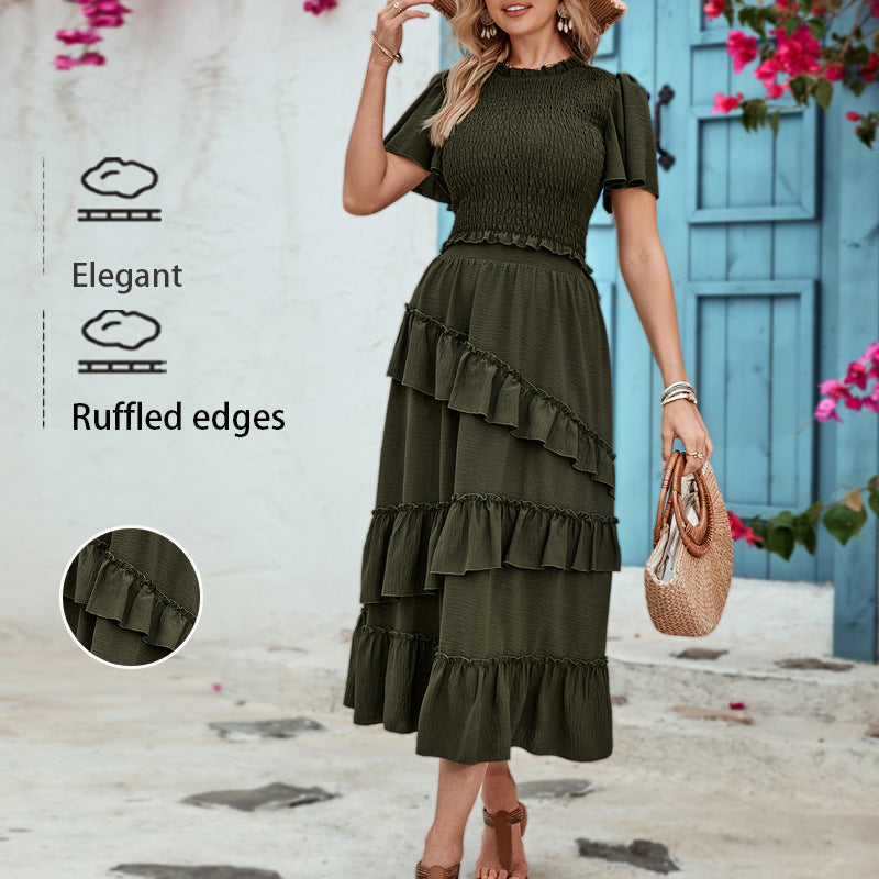 Smocked Two-Piece Set with Flutter Sleeves and Tiered Midi Skirt