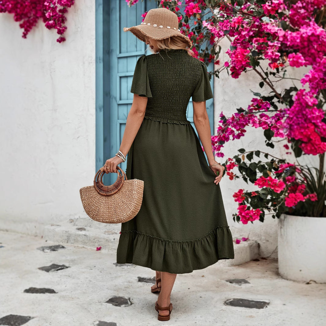 Smocked Two-Piece Set with Flutter Sleeves and Tiered Midi Skirt