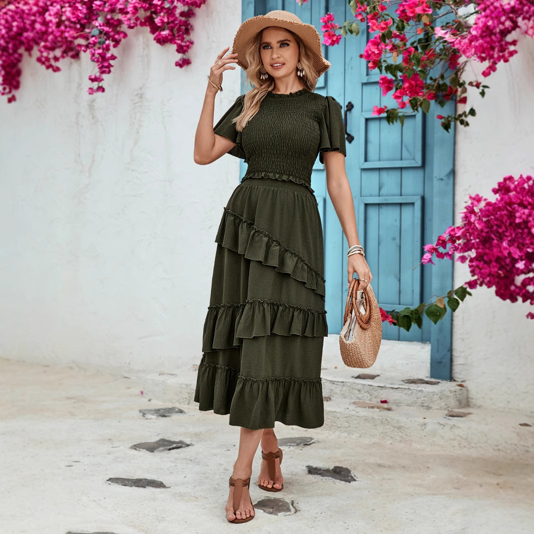 Smocked Two-Piece Set with Flutter Sleeves and Tiered Midi Skirt