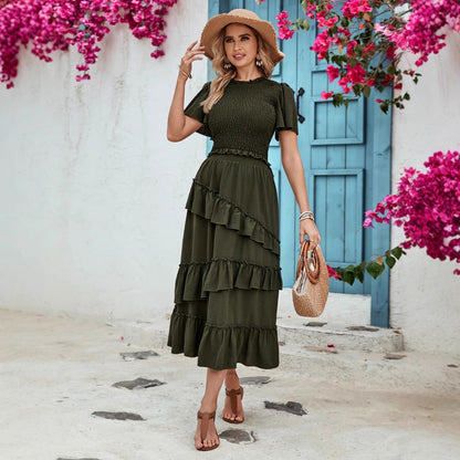 Smocked Two-Piece Set with Flutter Sleeves and Tiered Midi Skirt