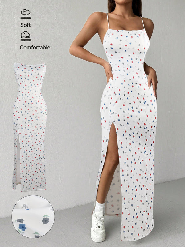 Floral Print Bodycon Maxi Dress with High Side Slit
