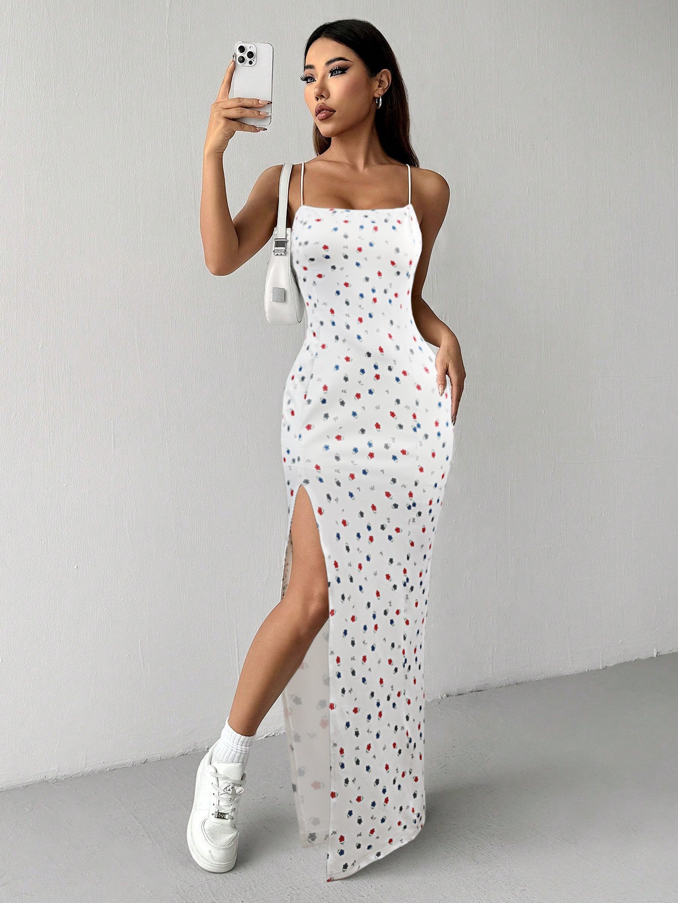 Floral Print Bodycon Maxi Dress with High Side Slit