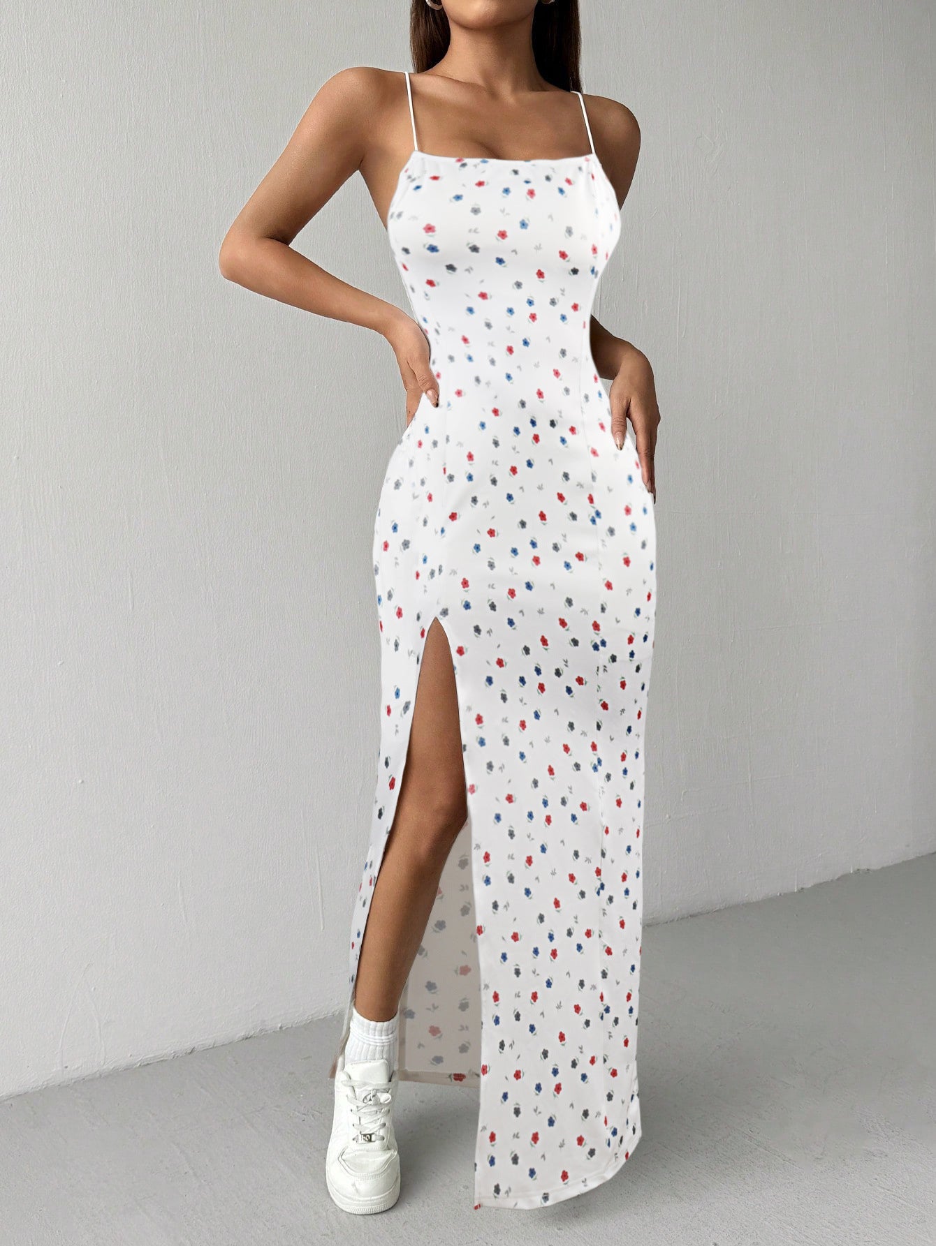 Floral Print Bodycon Maxi Dress with High Side Slit