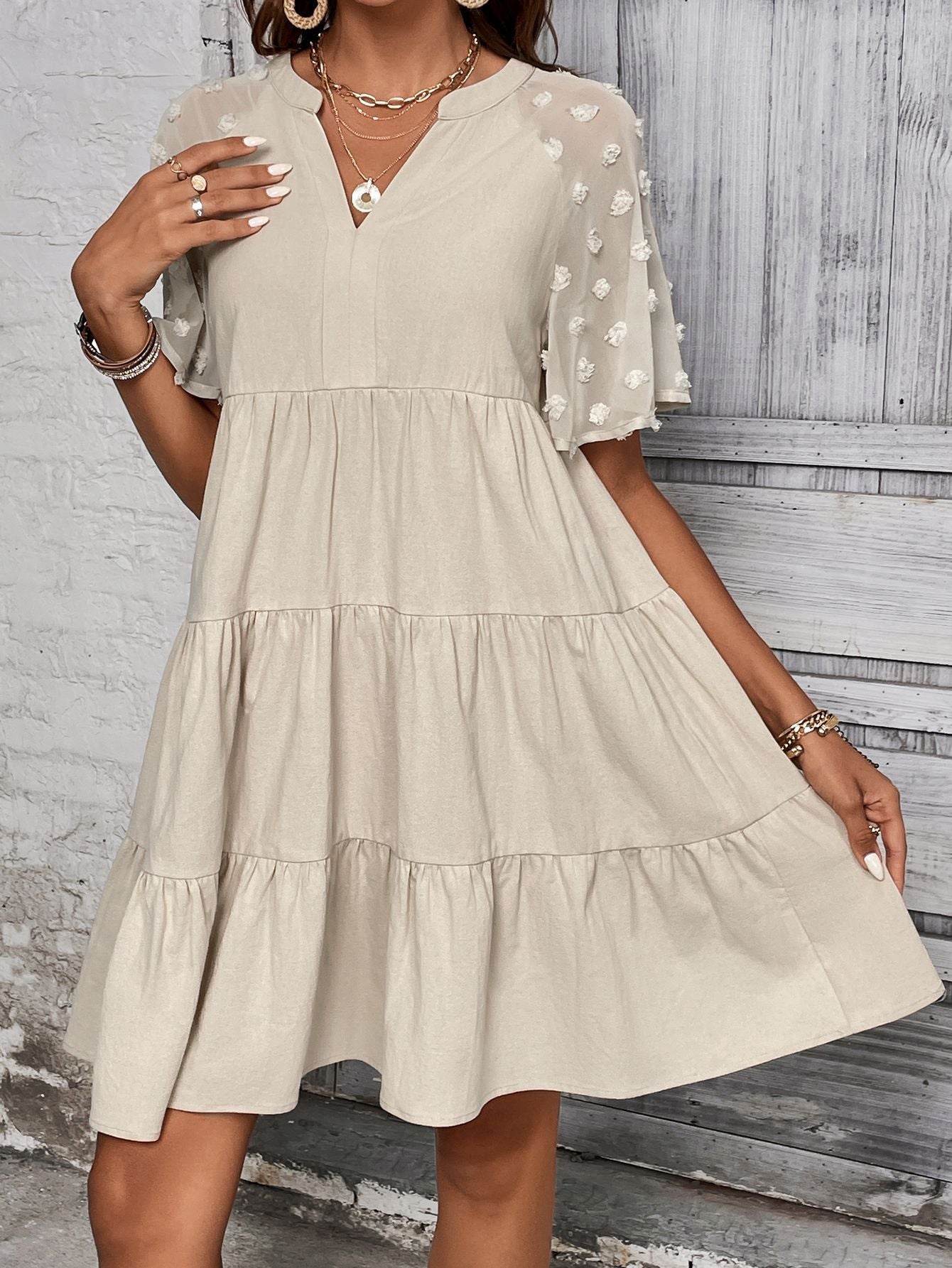 Tiered A-Line Dress with V-Neck and Textured Sleeves