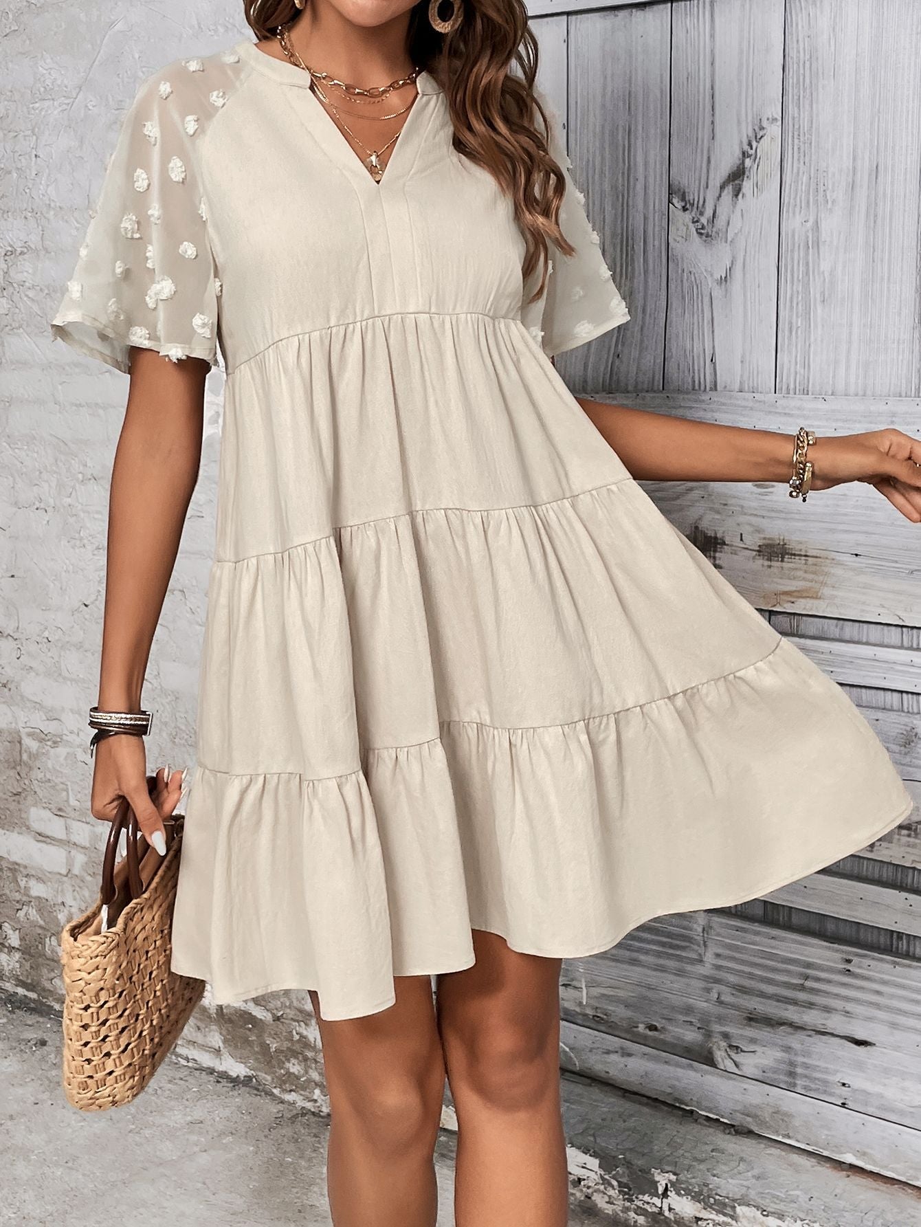 Tiered A-Line Dress with V-Neck and Textured Sleeves