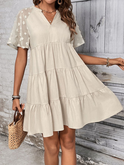 Tiered A-Line Dress with V-Neck and Textured Sleeves