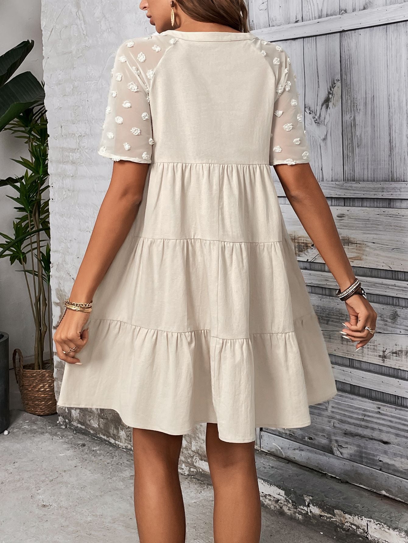 Tiered A-Line Dress with V-Neck and Textured Sleeves