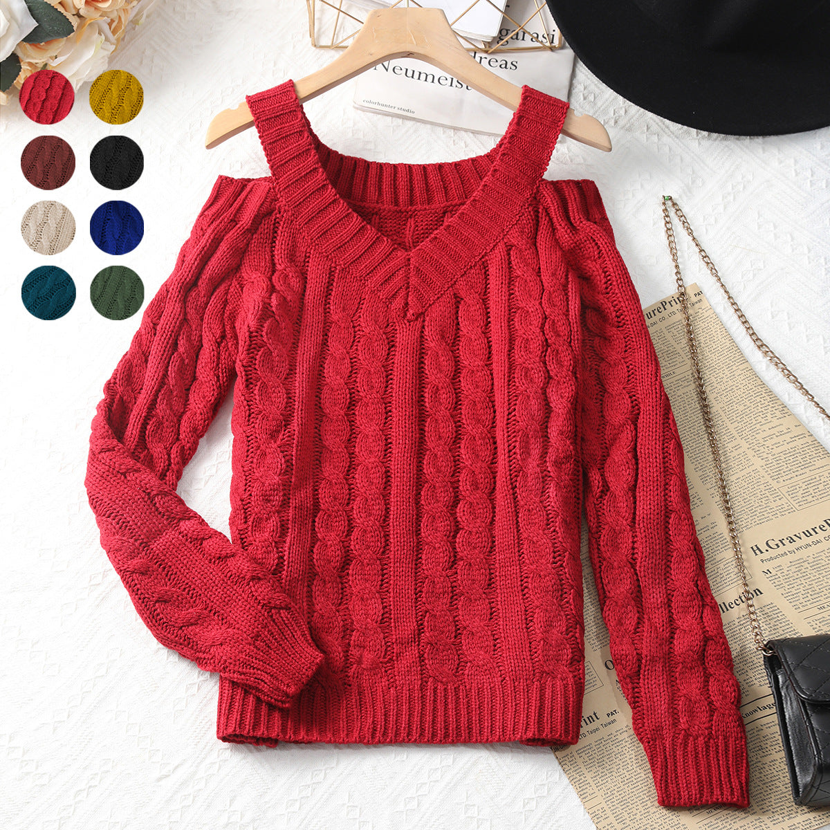 Cable-Knit V-Neck Sweater with Cold-Shoulder Cutouts