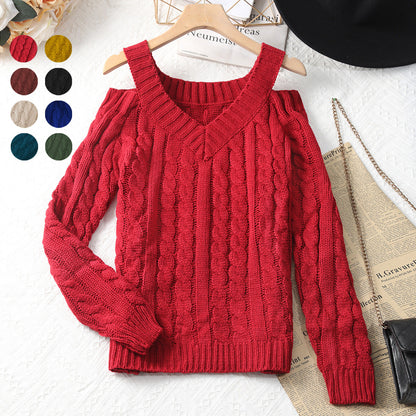 Cable-Knit V-Neck Sweater with Cold-Shoulder Cutouts