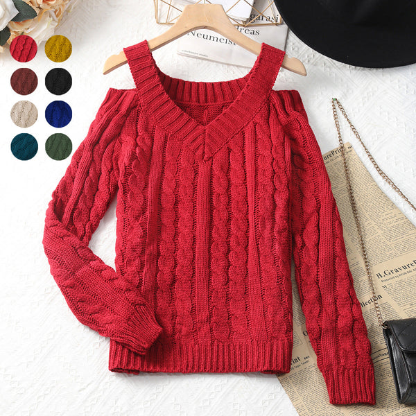 Cable-Knit V-Neck Sweater with Cold-Shoulder Cutouts