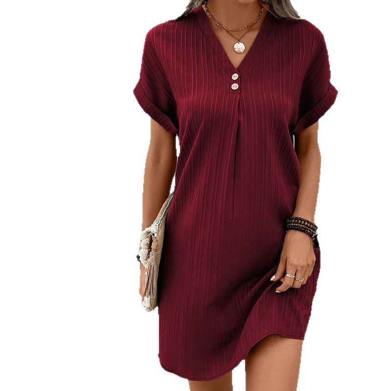 Ribbed A-Line Mini Dress with V-Neck and Button Detail