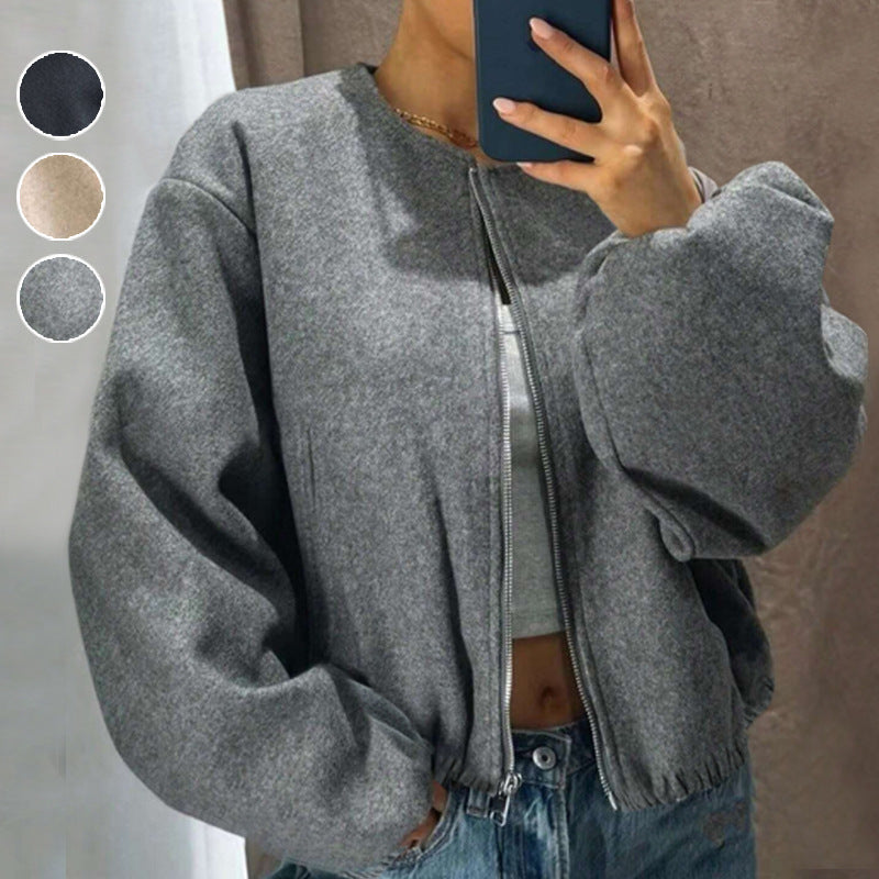 Cropped Corduroy Bomber Jacket with Round Neck