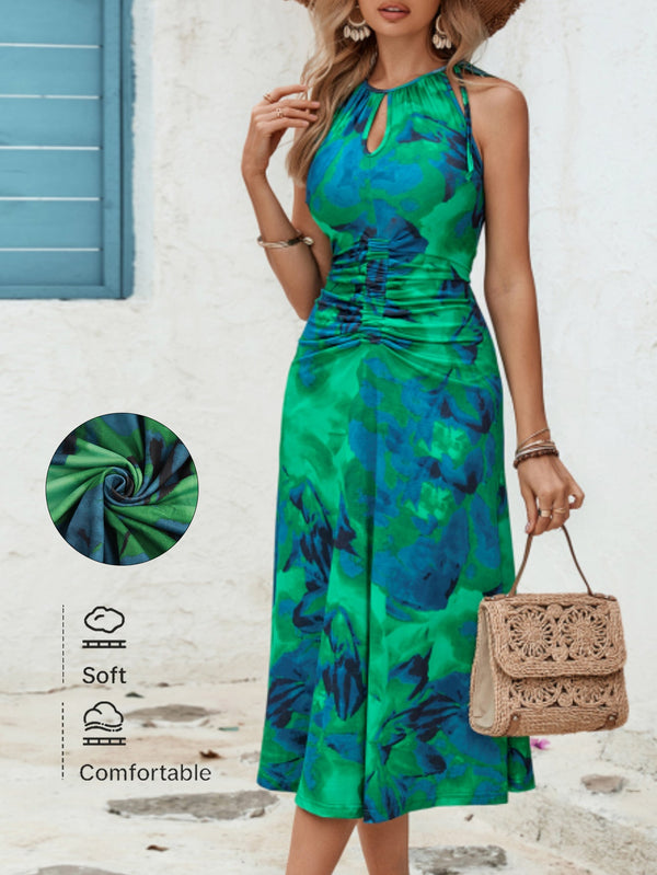 Abstract Floral Halter Midi Dress with Ruched Waist