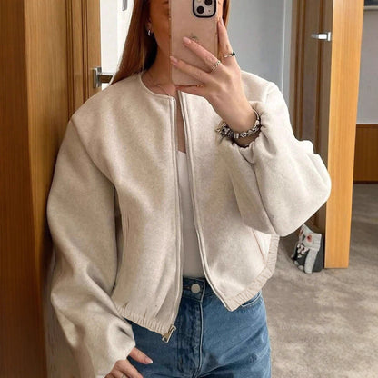 Cropped Corduroy Bomber Jacket with Round Neck