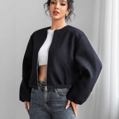 Cropped Corduroy Bomber Jacket with Round Neck