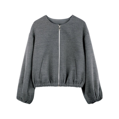 Cropped Corduroy Bomber Jacket with Round Neck