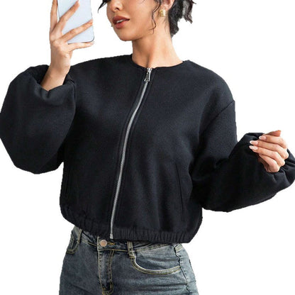 Cropped Corduroy Bomber Jacket with Round Neck